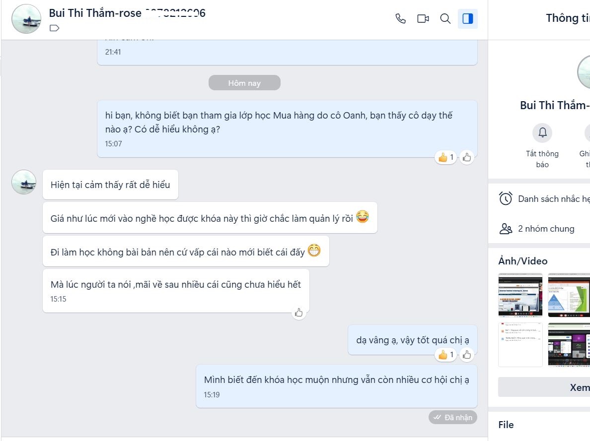 phản hồi học viên khóa học mua hàng Lê Ánh